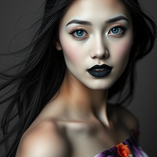 Photographic image of a beautiful young Asian woman, blue eyes, lips with black lipstick, long hair fluttering in the wind and wearing a silk strapless dress with a soft purple and orange print. monochrome image with only color highlights in the iris of the eyes, lipstick and dress. Gray background.