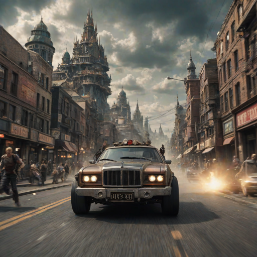 "xuer Asgard City,Diesel punk, diesel punk style,motion blur,going really fast masterpiece,deep focus,