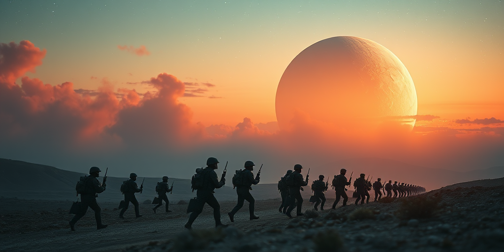 Regenerate an image of soldiers marching in a cosmic landscape with a large planet in the background, using a Canon EOS R5, 50mm lens, f/1.8 aperture, ISO 100, shot from a low angle at dusk, with vibrant colors and high dynamic range to enhance contrast and depth.