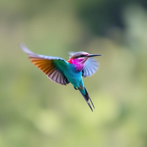Capture a vibrant lilac-breasted roller in mid-flight with a shallow depth of field, using a DSLR camera, 200mm lens, aperture set to f/2.8, shutter speed at 1/1000s, ISO 400, natural light, and focus on the bird against a blurred background.