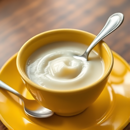 Create a high-resolution image of a yellow ceramic bowl filled with a creamy substance, placed on a matching saucer, with a silver spoon leaning against the bowl, shot with a DSLR camera at f/2.8 aperture, 50mm lens, and natural lighting to emphasize texture and color saturation.