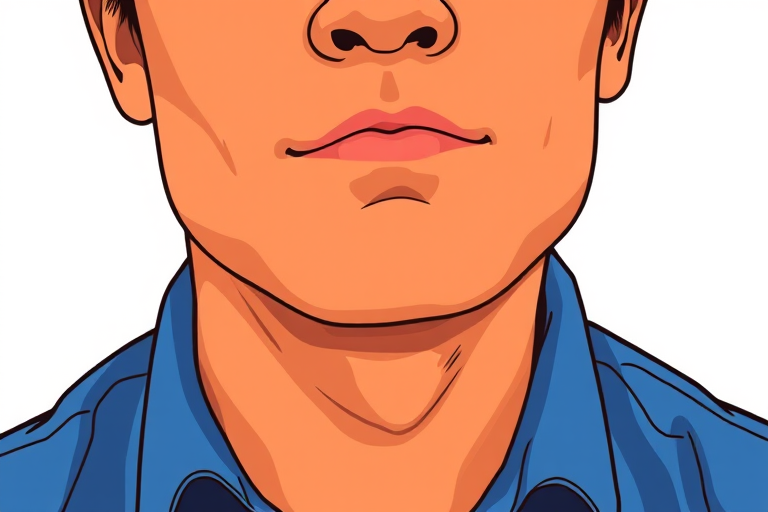 Create a vector-style illustration of a person with an orange-brown face, wearing a blue shirt with a white collar, soft focus, 50mm lens, f/2.8 aperture, natural light, high resolution.