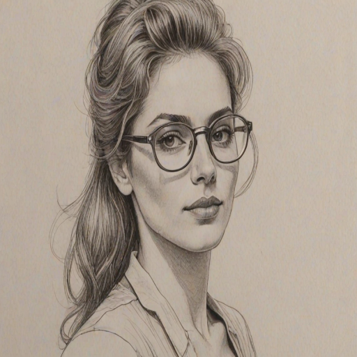 Superb Monique Gabriela Curnen, pencil sketch, portrait of Stunning woman 1980s in glasses, hair style beatnik, outline, clear lines, fine lines, 8k