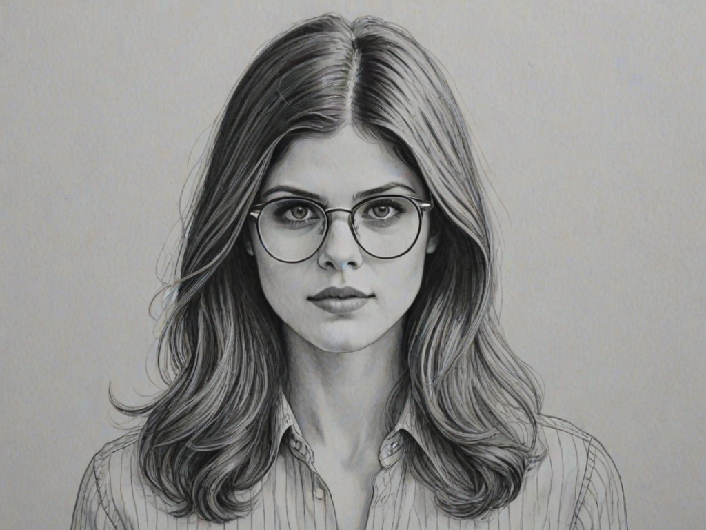 Gorgeous Alexandra Daddario, pencil sketch, portrait of Enchanting woman 1975s in glasses, hair style beatnik, outline, clear lines, fine lines, 8k