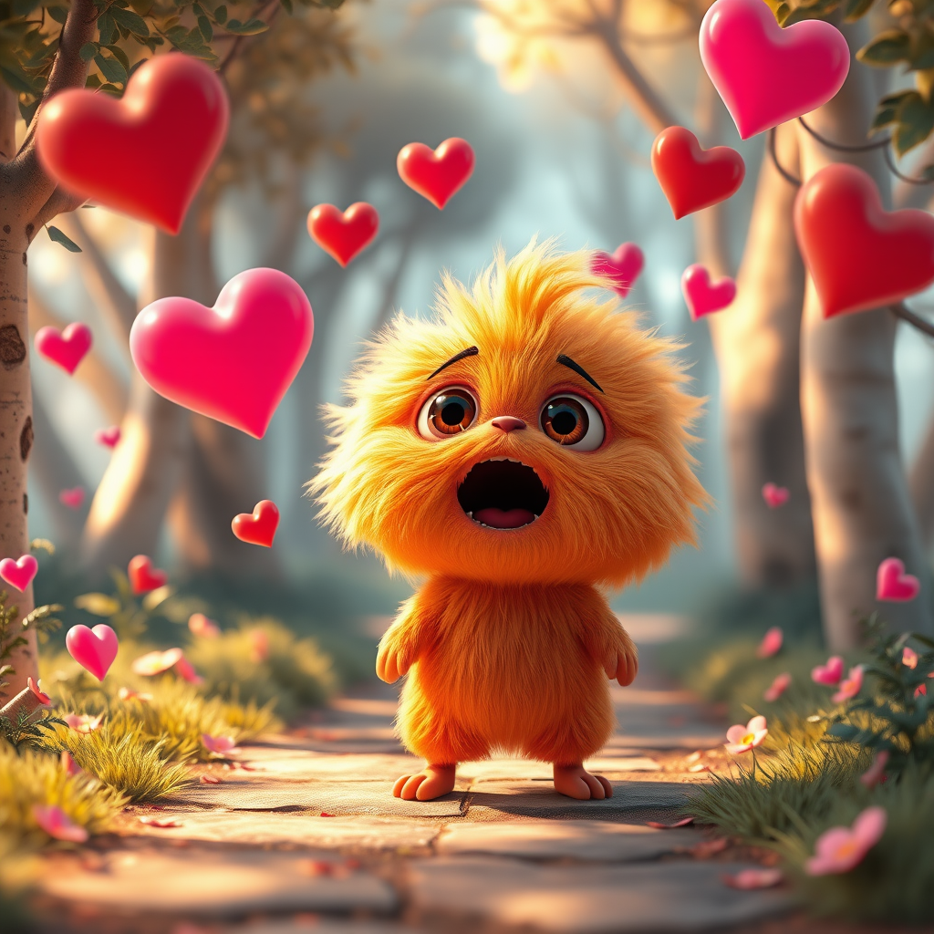 A fluffy orange creature with large eyes and a wide open mouth stands on a path in a whimsical forest, bright pink and red hearts float through the air, the creature has a surprised expression, the light is warm and soft, photorealistic, digital art, 3D style