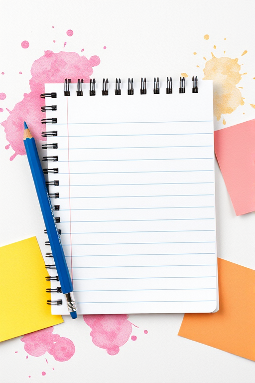 Create a high-resolution image of a blank lined notepad with a blue pencil, surrounded by colorful sticky notes in yellow and pink, with a watercolor splash effect, using a DSLR camera set to f/5.6 aperture, ISO 100, and a focus length of 50mm, with soft natural lighting for enhanced clarity.