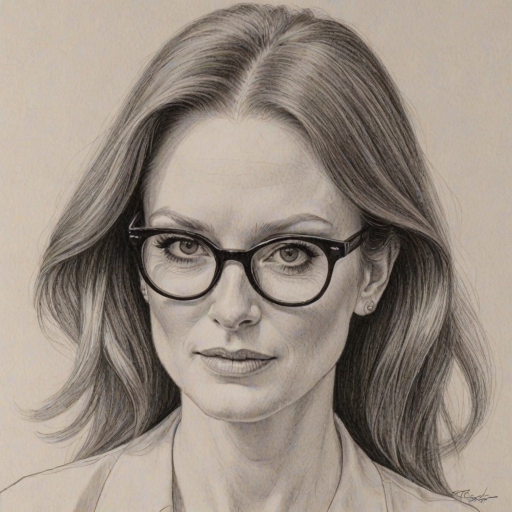 Captivating Julianne Moore, pencil sketch, portrait of Enchanting woman 1956s in glasses, hair style beatnik, outline, clear lines, fine lines, 8k
