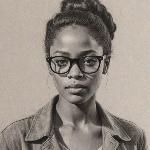 Radiant Lakeith Stanfield, pencil sketch, portrait of Fetching woman 1958s in glasses, hair style beatnik, outline, clear lines, fine lines, 8k