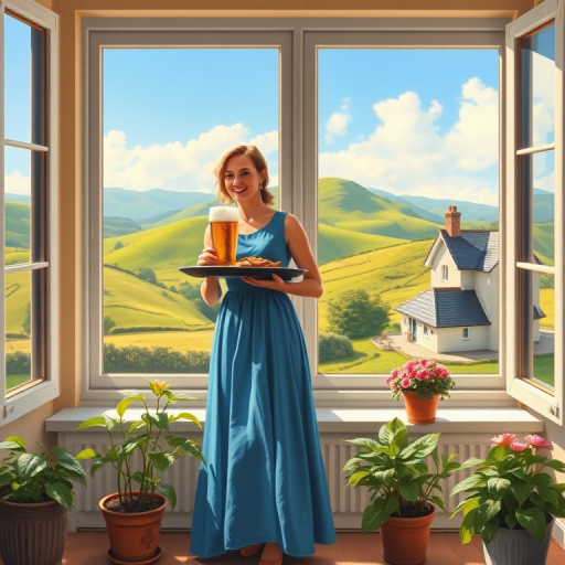 In "A Glass of Beer on the Highland," a serene scene is depicted in a sunlit room where a woman in a vibrant blue dress stands by a large window. She holds a tray with a hearty meal and a frothy glass of beer, embodying a moment of relaxation. Outside, the breathtaking highland landscape features rolling green hills and a charming traditional house, all bathed in warm afternoon light. The interior is adorned with potted plants, creating a harmonious blend of comfort and nature. The painting beautifully captures the tranquility and joy found in simple pleasures amidst stunning scenery