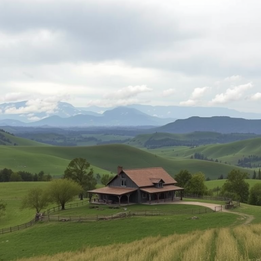 Regenerate the image of a serene landscape featuring a rustic farmhouse surrounded by lush green hills and distant mountains under an overcast sky, using a DSLR camera with a 24mm lens, aperture set to f/8 for sharp depth of field, ISO 200 for clarity, and captured from a high vantage point for an expansive view.