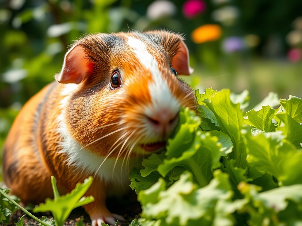 Guinea pig nibbling on fresh lettuce in a lush garden setting, shot with a Canon EOS R5, 50mm f/1.2 lens, aperture f/2.8, ISO 100, shutter speed 1/200 sec, shallow depth of field for a blurred background, natural light.