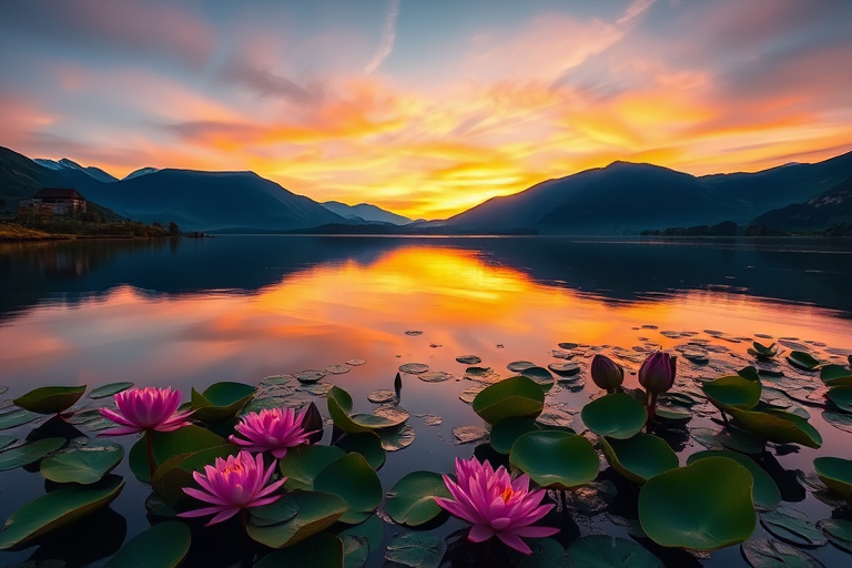 Create a serene landscape scene with a tranquil lake surrounded by mountains at sunset, featuring vibrant pink flowers and lily pads in the water, captured with a DSLR camera, 24mm lens, f/8 aperture, ISO 100, soft-focus style for enhanced depth and vivid colors.