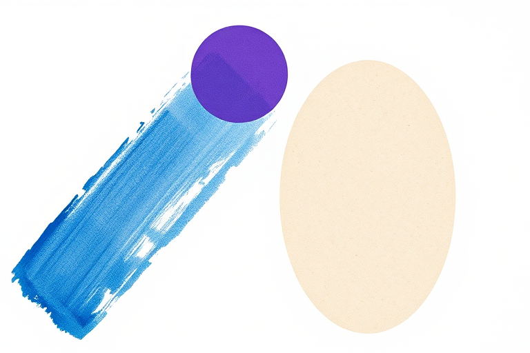 Create an abstract image featuring three textured shapes: a blue rectangular brushstroke, a purple circular patch, and a beige oval shape on a white background, captured with a DSLR camera at f/4 aperture, ISO 100, 50mm lens, natural lighting, and overhead view.