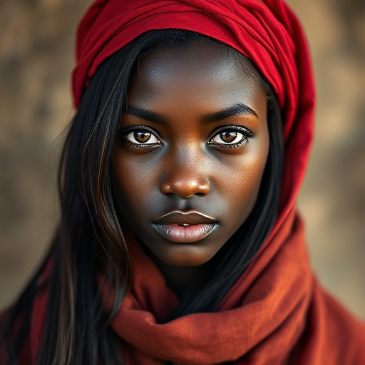 Create a portrait of a young Zulu woman with long, dark hair and captivating hazel eyes. She is wearing a red headscarf and a matching scarf draped gracefully around her neck. The background is softly blurred, focusing attention on her serene and natural expression. The overall color palette is muted and warm, enhancing the intimate and authentic feel of the portrait.