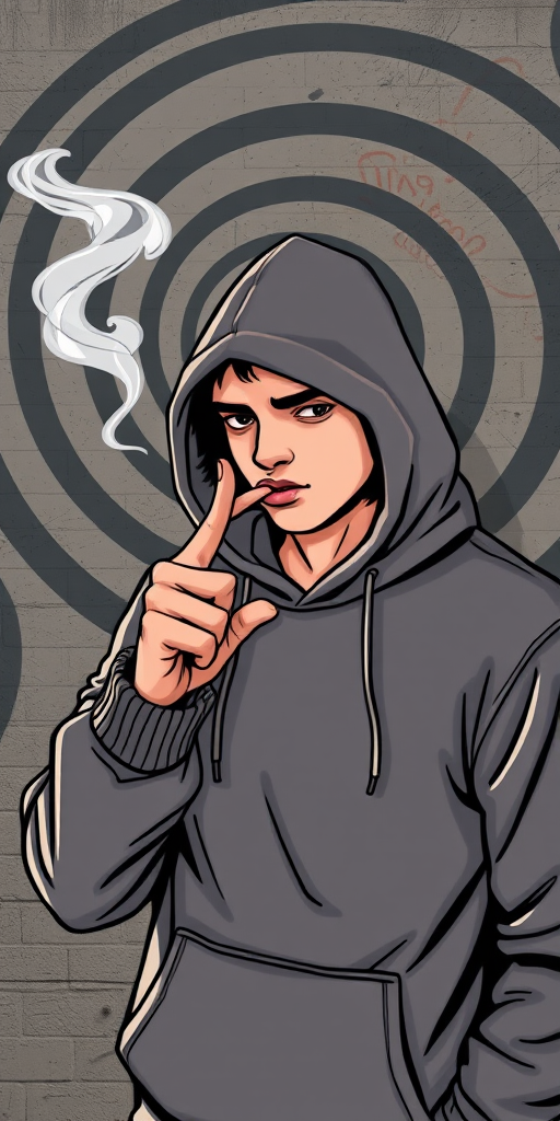 create a stylized illustration of a person in a hoodie making a shushing gesture with their finger to their lips, smoke curling from a subtle visual cue, set against a grungy wall with a spiral pattern in the background, use a Canon EOS R5 camera, 50mm lens, aperture f/1.8, ISO 100, and a soft focus effect to enhance image quality and depth.
