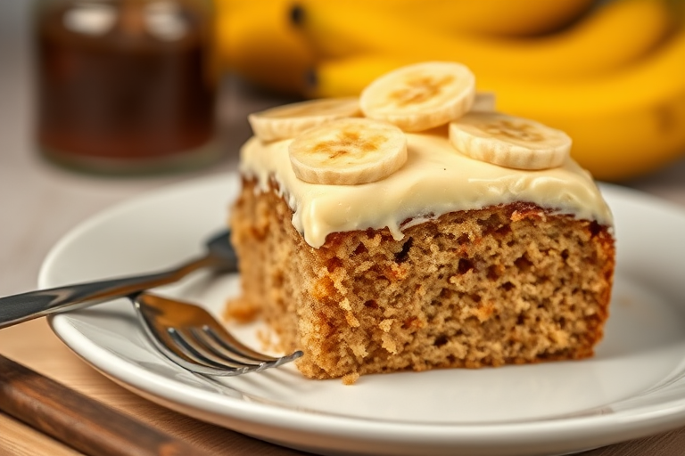 A slice of moist banana cake with creamy frosting topped with banana slices on a white plate with a fork beside it, set against a blurred background of more bananas and a jar, showcasing a cozy kitchen atmosphere.