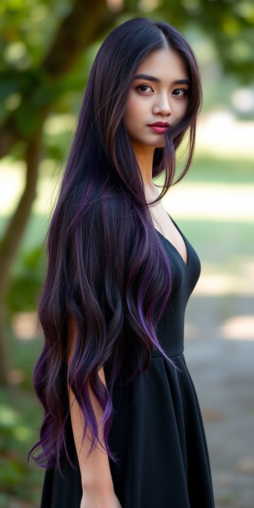 Create an image of a woman with long purple hair wearing a black dress, shot in high resolution with a DSLR camera, using a 50mm lens at f/1.8, ISO 100, and a shallow depth of field, with soft natural lighting and a portrait view.
