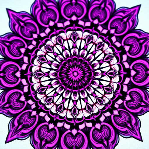 Create a detailed mandala design with intricate swirling patterns in vibrant purple and pink hues, using a DSLR camera, 50mm lens, f/1.8 aperture, ISO 100, and a macro view to capture fine details and enhance color clarity.
