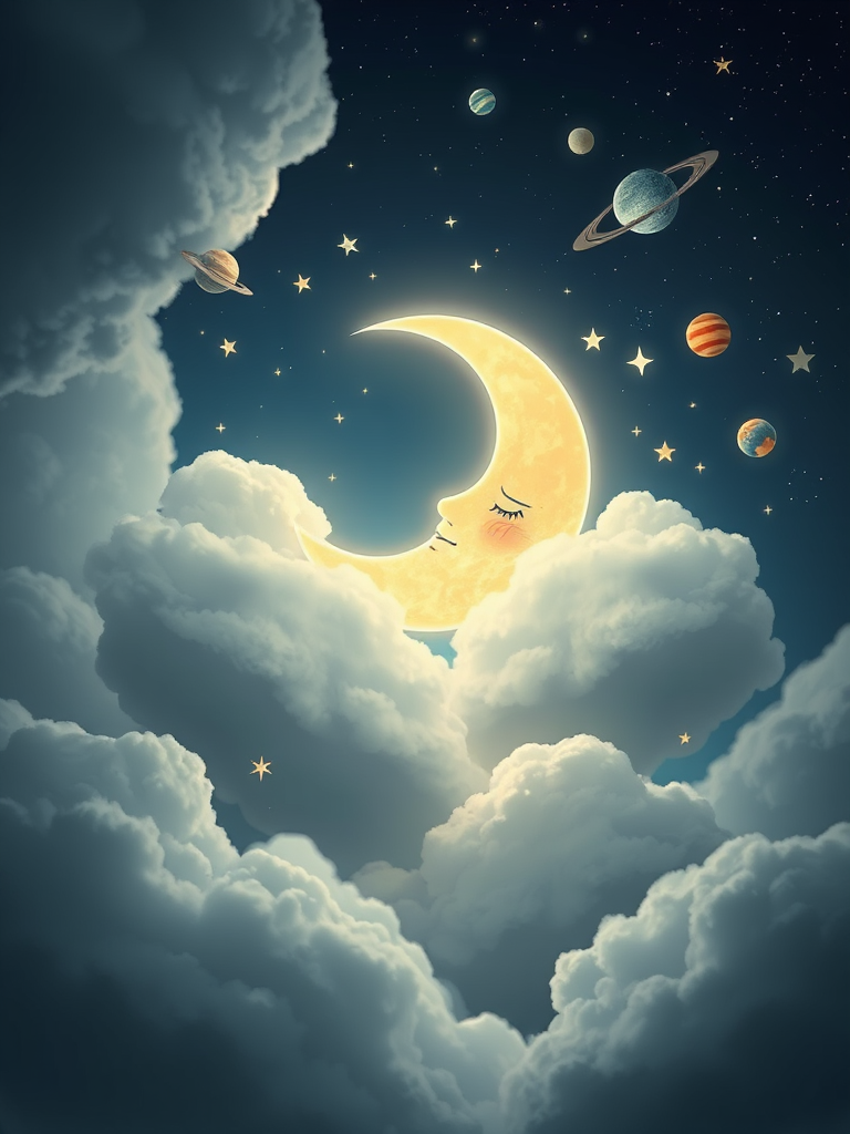 Create a dreamy illustration of a crescent moon with a face surrounded by whimsical clouds and celestial elements like planets and stars, shot with a Canon EOS R5 at f/2.8, ISO 100, 24mm lens, with a soft focus and ethereal lighting.