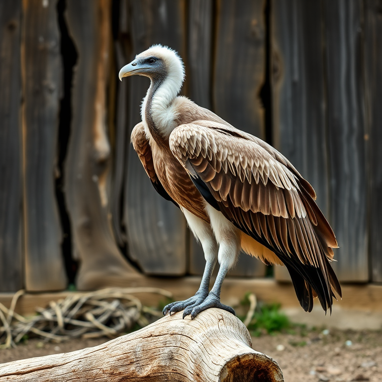 A majestic griffon vulture perched on a wooden log against a rustic backdrop, captured with a DSLR camera at f/8, ISO 200, 1/250s, 85mm focal length, natural lighting for enhanced sharpness and detail.