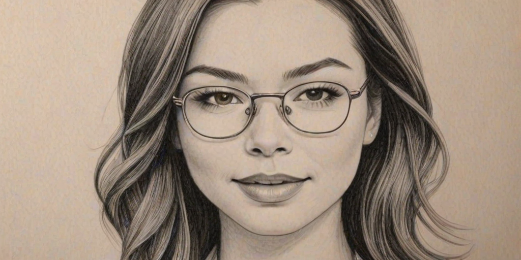 Captivating Miranda Cosgrove, pencil sketch, portrait of Enticing woman 1931s in glasses, hair style beatnik, outline, clear lines, fine lines, 8k