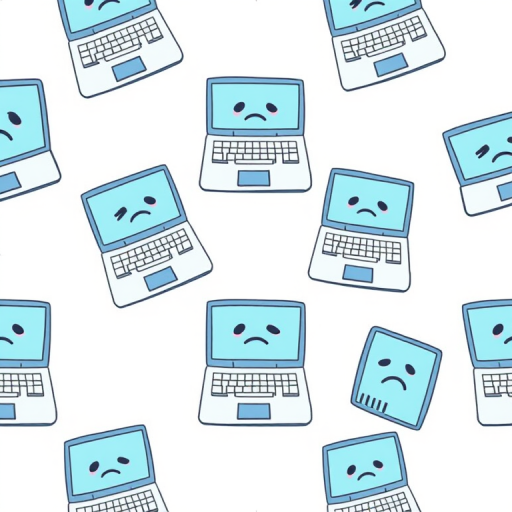 Create a seamless pattern featuring stylized sad laptops with light blue bodies on a white background, high resolution, 50mm lens, f/8 aperture, ISO 100, top-down view, digital illustration style.