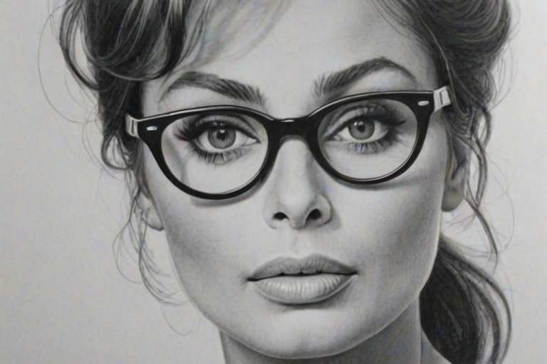 Beautiful Sophia Loren, pencil sketch, portrait of beautiful woman 60s in glasses, hair style beatnik, outline, clear lines, fine lines, 8k