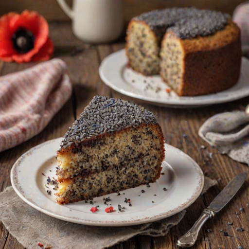 Generate an image of a slice of poppy seed cake with chocolate shavings on top, served on a white plate. The background should feature a wooden table and a rustic atmosphere, with a larger loaf of cake in the background.