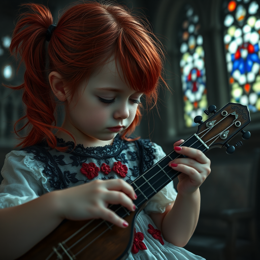 Close up realistic photo of a sad gothic little girl playing (instrument), red hair messy pigtails, black lace white dress with red detailed embroidery, abandoned gothic room with stained glass, closed eyes, horror cinematic lighting, dark fantasy, 4k, hdr,  uhd, detailed dress