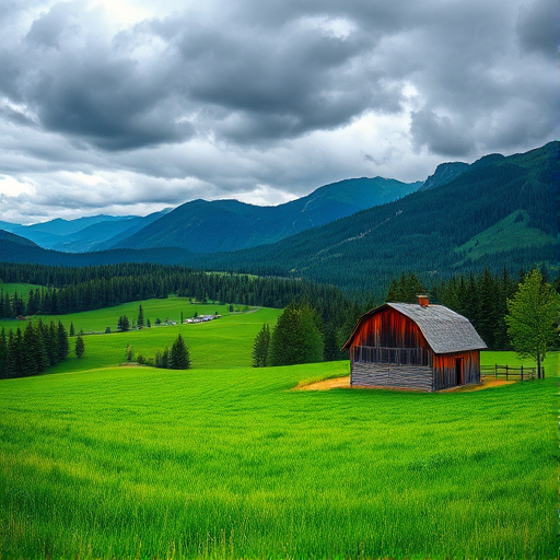 Landscape photograph of a lush green field with a wooden barn in the foreground, surrounded by dense forests and rolling hills, with majestic mountains in the background under a moody sky, captured with a Canon EOS R5, 24mm focal length, f/8 aperture, ISO 100, with a wide-angle view and HDR style for enhanced detail and color vibrancy.