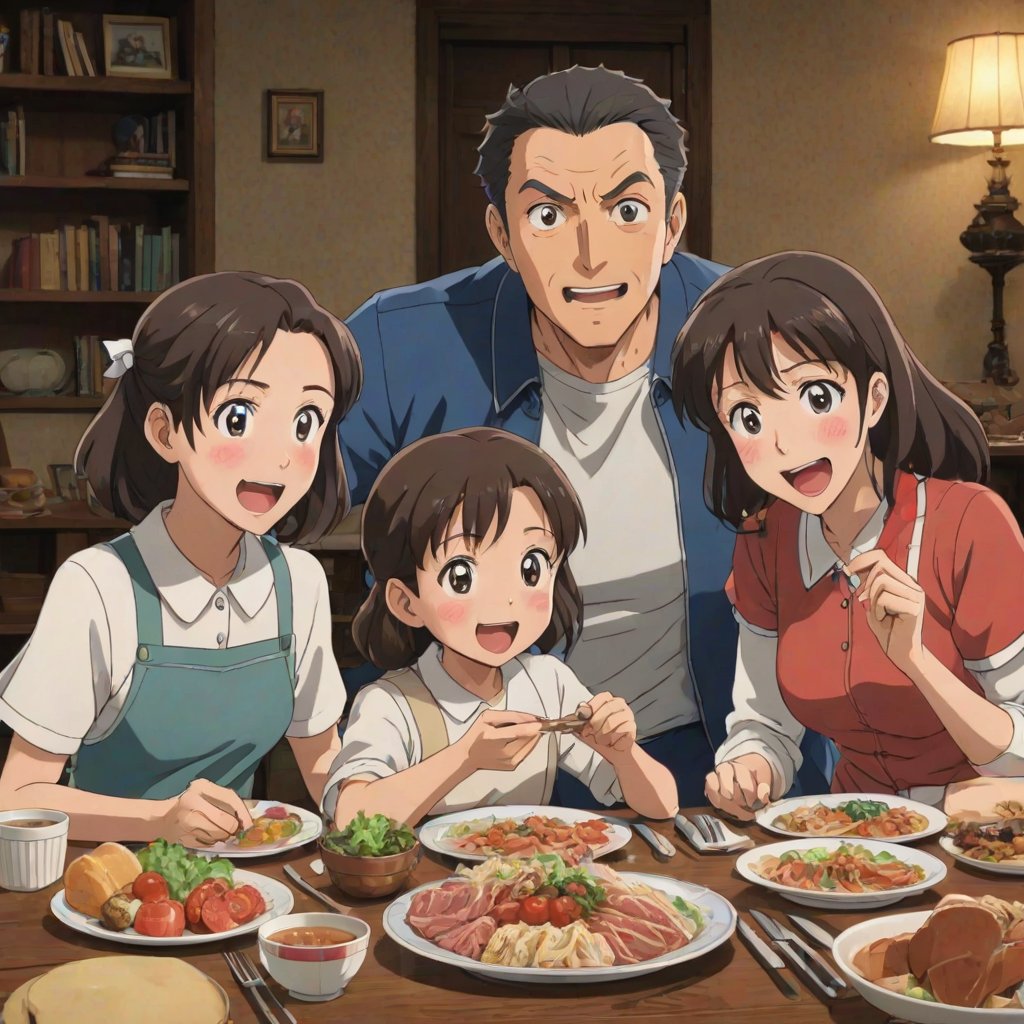 isekai anime style poster depicting a happy Family of four, a surprised dad sitting at a table with his wife and two kids eating something; the movie title clearly reads "OH NO! I HAVE BECOME A FAMILY MAN WITH A DOTING WIFE AND LOVABLE KIDS!", written in clear and exact letters