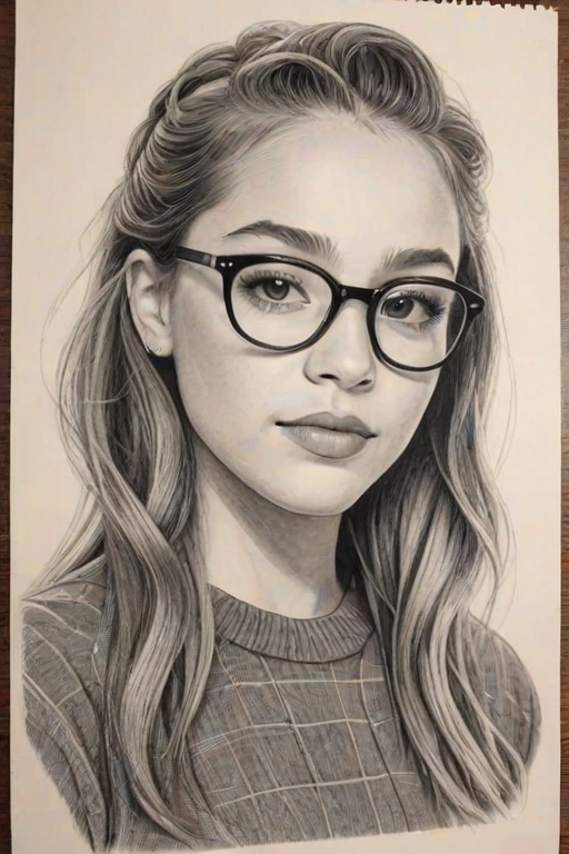Attractive Kenzie Ziegler, pencil sketch, portrait of Attractive woman 1951s in glasses, hair style beatnik, outline, clear lines, fine lines, 8k