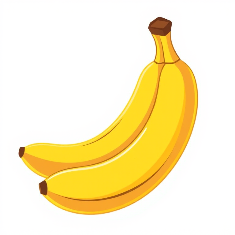 Generate a high-resolution illustration of a banana with a smooth, clean design, using a digital camera view at 35mm, f/4 aperture, 1/200s shutter speed, and soft lighting to enhance color contrast and details.