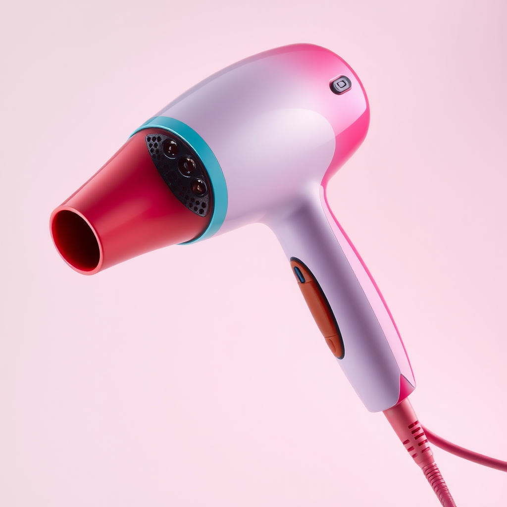 Create a high-resolution image of a colorful hairdryer with smooth lines and a modern design, using a 50mm lens, f/2.8 aperture, ISO 100, shot from a slightly angled front view with soft lighting to enhance details and colors.