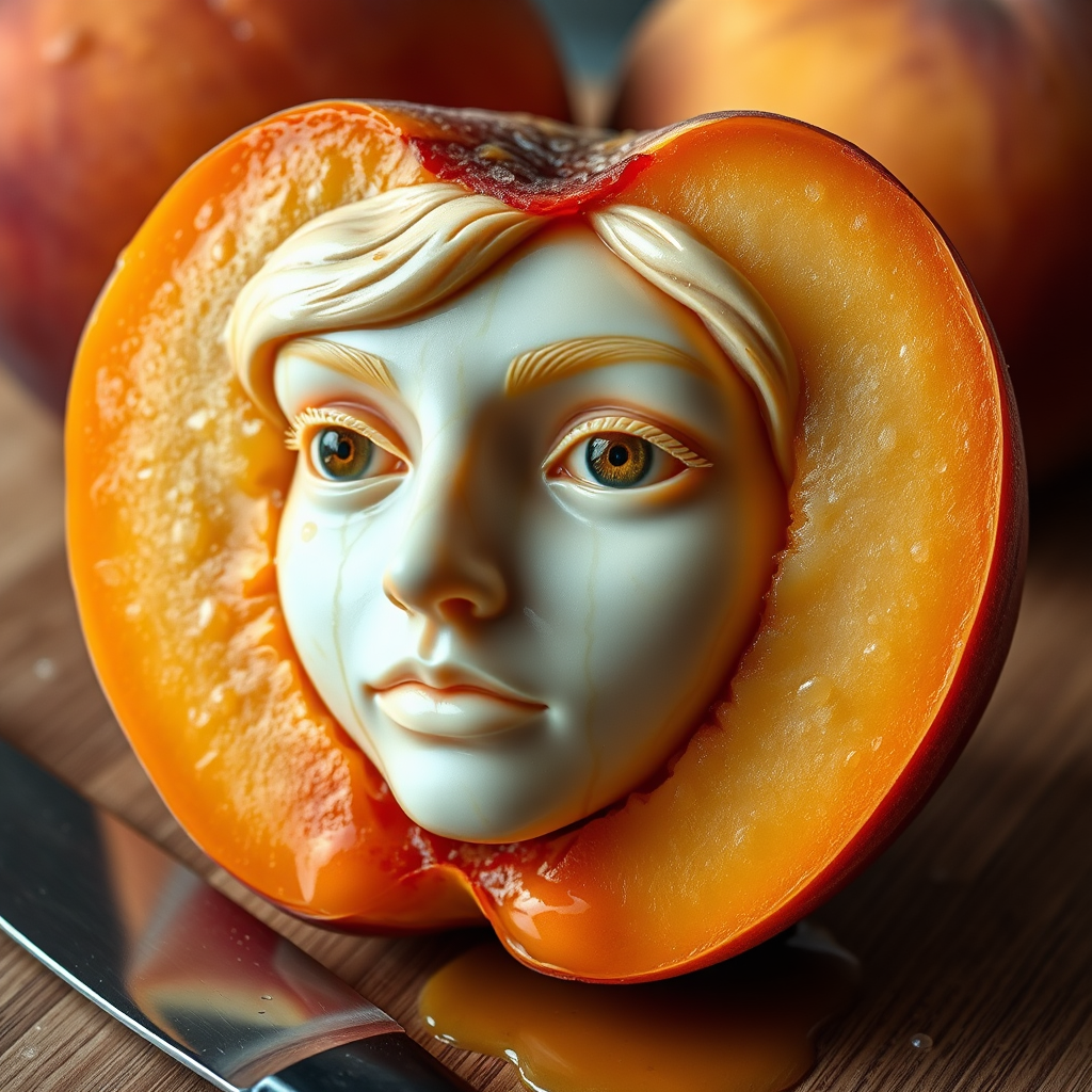 A hyperdetailed photorealistic macro color saturated high resolution image of a peach cut in half, with the peach pit being a highly detailed sculpted woman's face with her eyes open and peach-colored irises. The face has a marble texture. The image includes condensation, moisture, and peach juice. The peach is on a wooden cutting board with a small fruit knife nearby, also covered with juice.