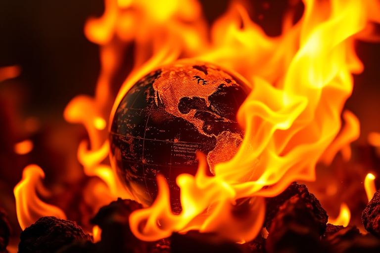 Generate a highly detailed image of a fiery globe surrounded by vibrant flames, captured with a DSLR camera at f/2.8, ISO 100, shutter speed 1/200 sec, using a macro lens with a close-up view and soft focus background to enhance image quality.