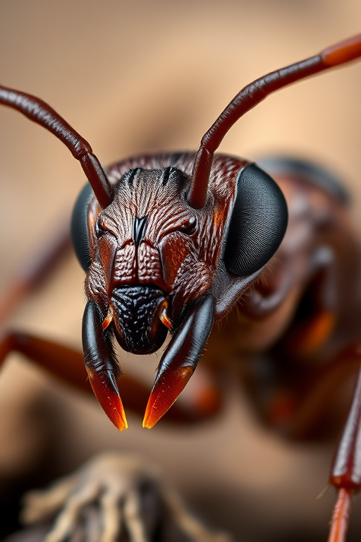 Macro shot of a detailed ant, natural lighting, aperture f/2.8, shutter speed 1/250s, ISO 100, 50mm lens, focus on texture and anatomical features, high-resolution digital photography.