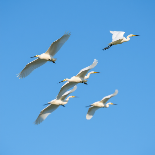 high-speed photography of flying white egrets in formation against a clear blue sky, focal length 200mm, aperture f/5.6, shutter speed 1/1000s, ISO 400, DSLR camera, wide-angle view, natural lighting