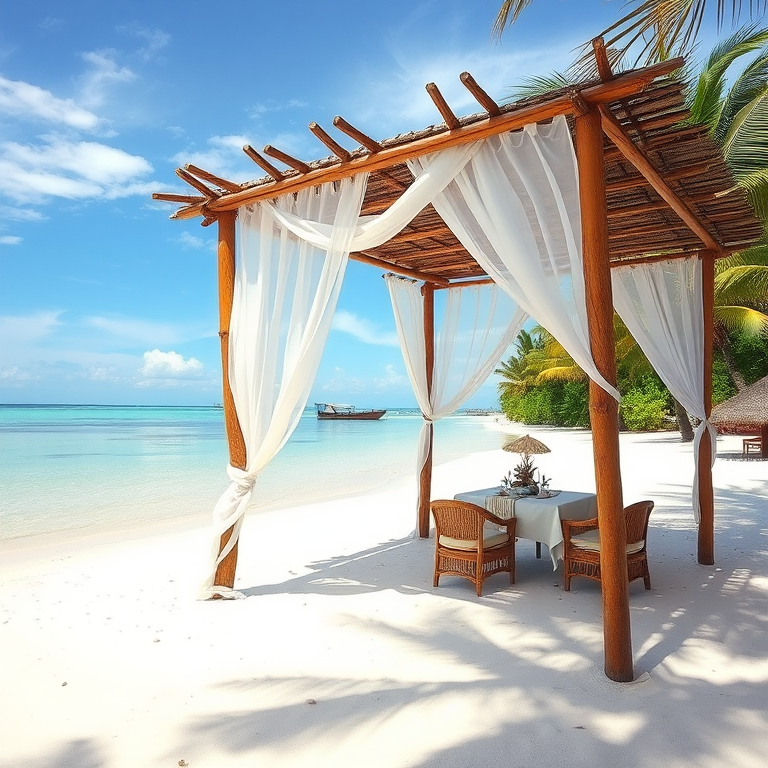 Create a picturesque tropical beach scene featuring a serene, white sandy shore. In the foreground, there's a rustic wooden canopy with white drapes gently flowing in the breeze. Underneath the canopy, a table is set with tropical decor, evoking a sense of relaxation and leisure. The beach extends into a calm, shallow water area with reflections of the sky and surroundings. Palm trees and lush greenery line the edge of the beach, providing a natural, tropical backdrop. The sky is clear with a few scattered clouds, and the overall atmosphere is tranquil and inviting, perfect for a peaceful retreat.