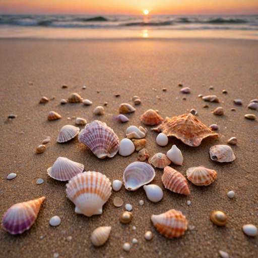 A cluster of intricately detailed seashells, varying in shape and size, rest on a bed of fine, golden sand on a picturesque English beach, with the camera positioned extremely close to capture the textures and patterns. The shells glimmer with a soft, ethereal light, showcasing their iridescent hues, while the surrounding sand appears warm and inviting. In the blurred background, the gentle lapping of the sea against the shore creates a sense of tranquility, as the vibrant colors of the ((sunset)) â oranges, pinks, and purples â meld together in a beautifully abstract bokeh, with the faintest hint of waves and seaside foliage. The overall atmosphere is one of serene intimacy, with the shells and sand taking center stage amidst the soft, warm glow of the fading day.