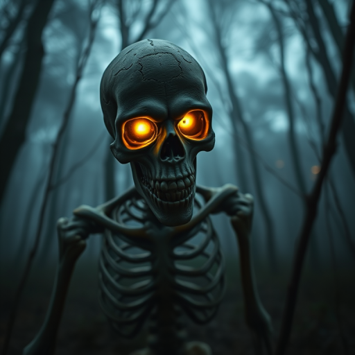 Create a high-resolution image of a skeletal zombie emerging from a foggy forest at dusk, emphasizing glowing yellow eyes, using a Canon EOS R5 with a 50mm f/1.2 lens, aperture f/2.8, ISO 400, and a shallow depth of field to enhance details in the foreground while softly blurring the background.