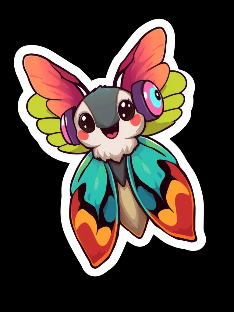 this image is sticker, Happy Colorful Moth wearing Headphones, kawaii, contour, vector, black background