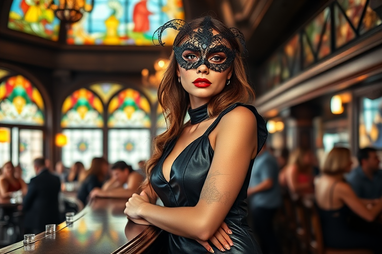 A stylish masquerade scene featuring a woman in a black lace mask and sleek leather dress, posed confidently at a bar in a vintage setting with stained glass windows and a lively crowd; shot with a Canon EOS R5, ISO 100, f/1.8, 50mm lens for a sharp focus and beautifully blurred background, natural ambient lighting for a warm atmosphere.