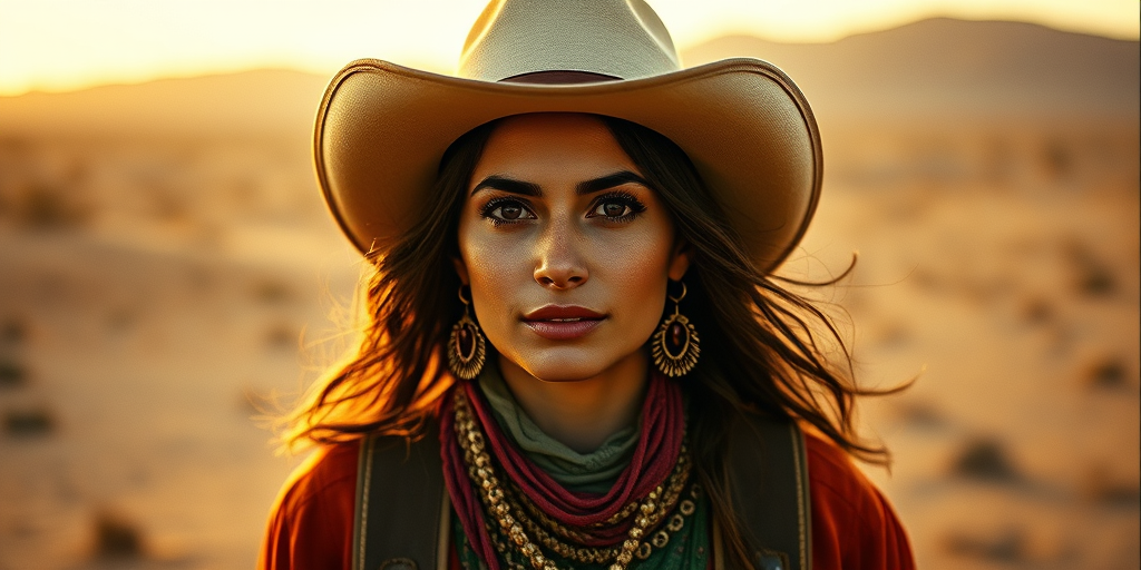 Dramatic photo of a beautiful Coptic woman, classic cowboy attire, confident and free spirit expression, half-length portrait, centered, golden hour desert landscape, warm, diffused light, low angle, medium format film camera, in style of Annie Leibovitz.