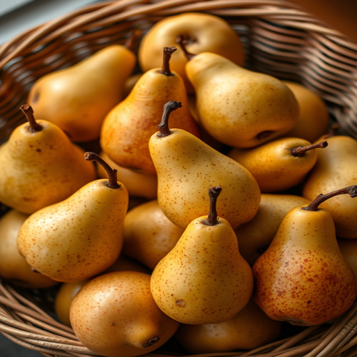 photograph of a pile of ripe pears in a basket, natural light, shallow depth of field, ISO 100, aperture f/2.8, 50mm lens, macro photography, high resolution