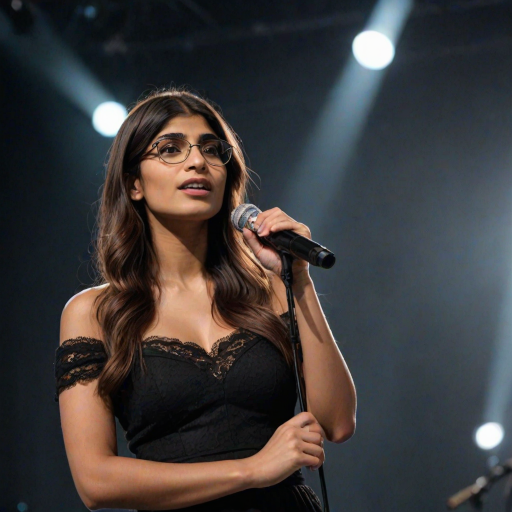 mia khalifa with long, flowing brown hair is standing in the center of the frame, holding a microphone in her right hand, and looking slightly off to the right side of the frame. She is wearing a black, off-the-shoulder dress with delicate lace detailing. The lighting is warm and dramatic, creating a spotlight effect on the singer. There are other figures in the background, blurred and out of focus, suggesting a concert or performance setting. The camera angle is low, capturing the woman from the waist up. The overall atmosphere is intimate and captivating.