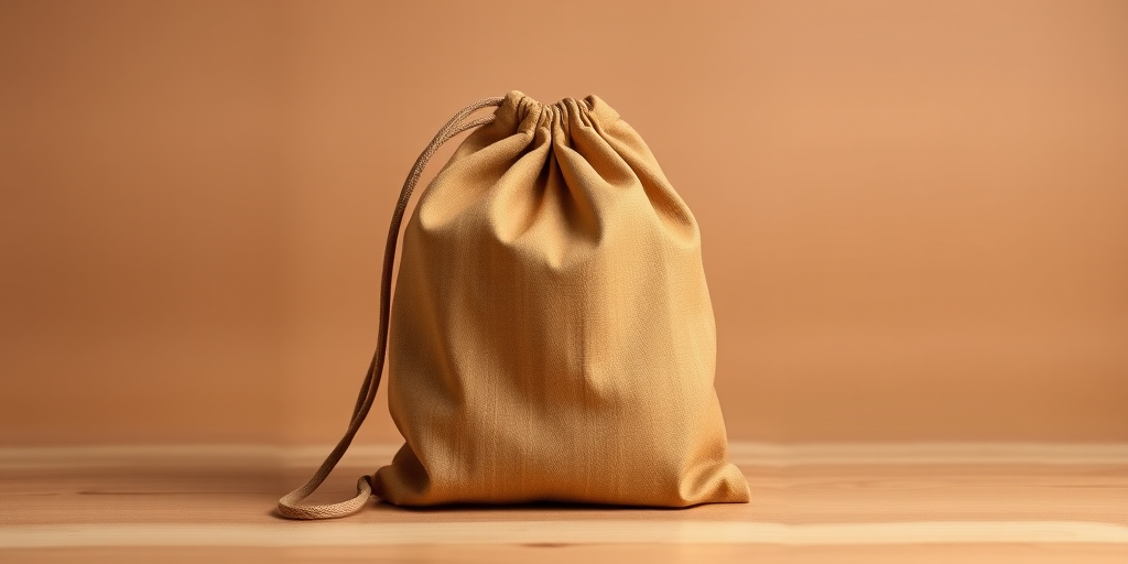 Create a high-resolution image of a brown drawstring bag with a smooth texture, positioned at a 45-degree angle, using a DSLR camera with a 50mm lens, f/2.8 aperture, ISO 100, and natural lighting for enhanced detail.