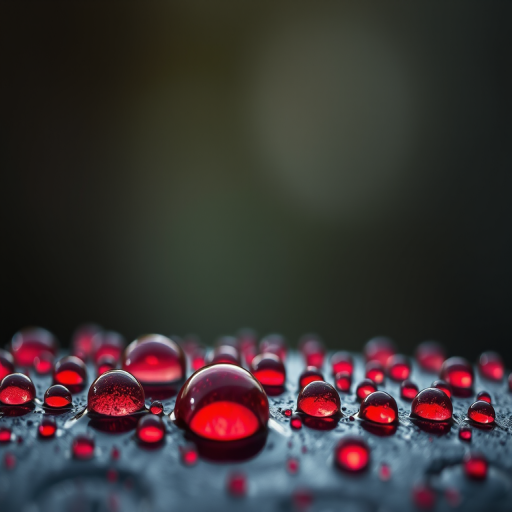 macro shot of red water droplets on a dark surface with soft focus background, aperture f/2.8, shutter speed 1/200 sec, ISO 100, 50mm lens, natural light with slight backlighting for highlights