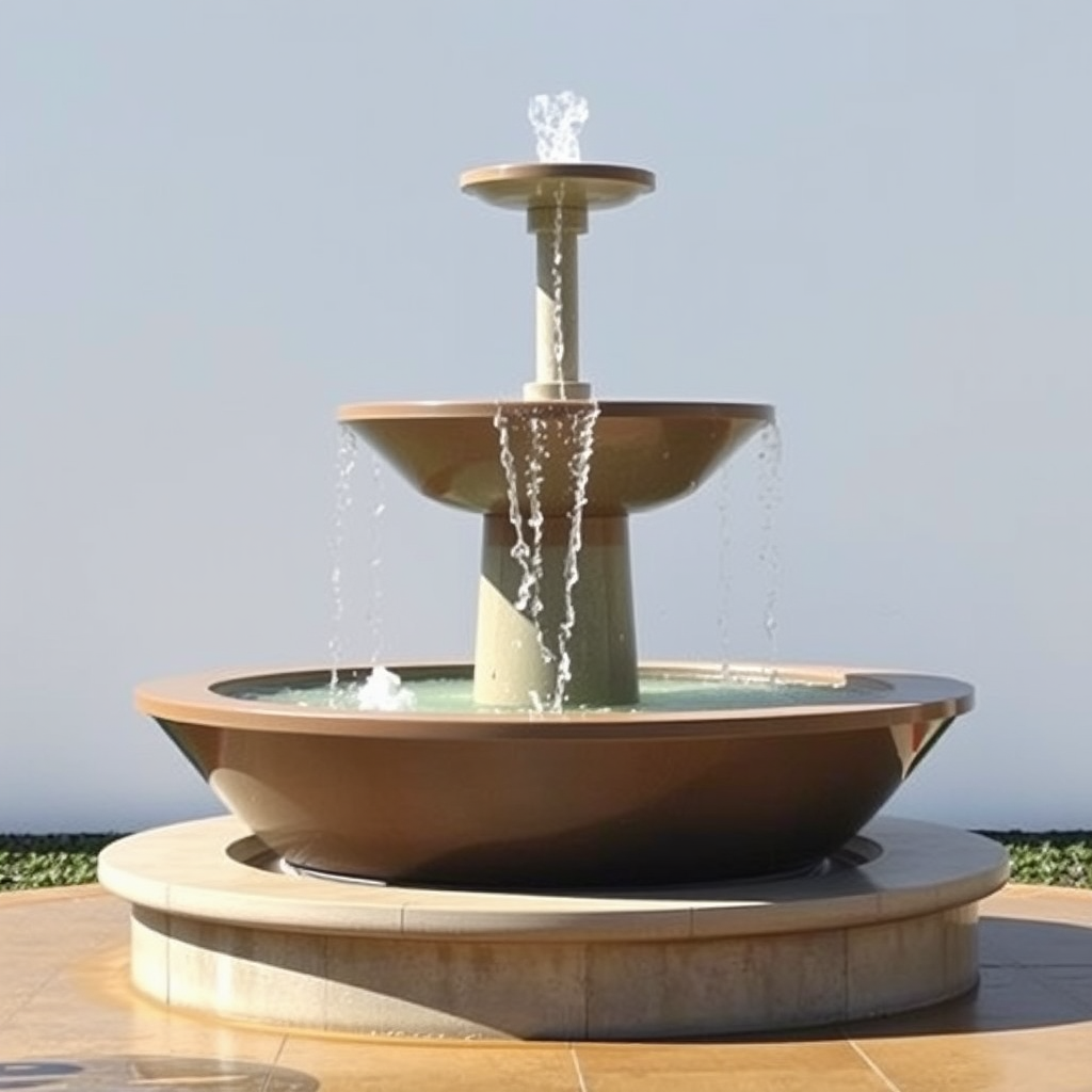 Capture a modern outdoor water fountain with three tiers, featuring clear flowing water, set against a minimalistic background, using a DSLR camera with a 50mm lens, f/2.8 aperture, 1/200 sec shutter speed, and ISO 100, in natural lighting for enhanced clarity and detail.