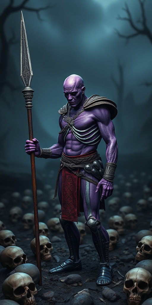 Create a high-resolution fantasy image of a muscular, skeletal warrior with purple skin holding a spear, standing in a dark, eerie landscape filled with skulls, captured with a DSLR camera at f/2.8, ISO 100, 24mm lens, in portrait orientation, using HDR imaging to enhance details and contrast.